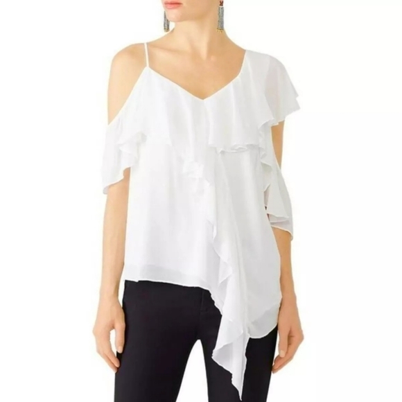 Aritzia Bailey 44 Ginger white asymmetrical ruffle cold shoulder blouse top - Picture 1 of 9